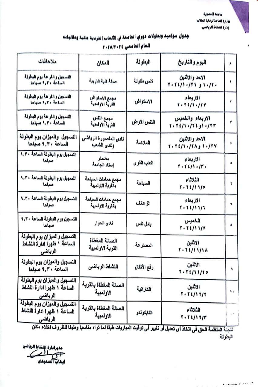 مواعيد بطولات دورى الجامعة فى الألعاب الفردية للعام الجامعى 2025/2024