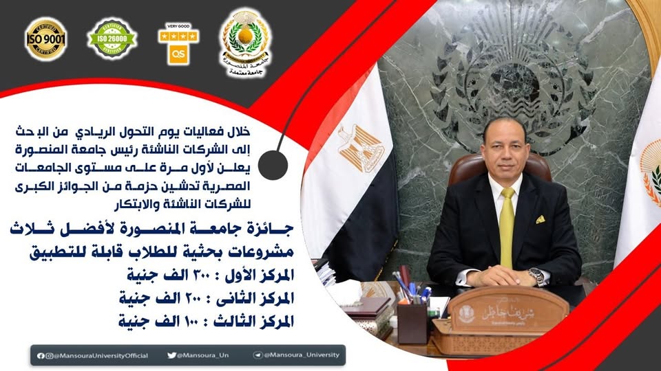 تدشين جائزة جامعة المنصورة لأفضل مشروعات بحثية طلابية قابلة للتطبيق لأول مرة على مستوى الجامعات المصرية.